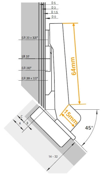 Topfscharnier Intermat 9936 W45 95° Aufliegender Anschlag