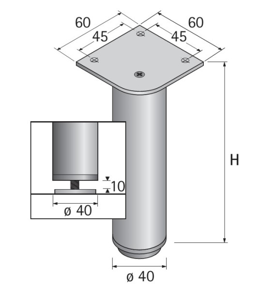 Möbelfuß Lano RO aus Aluminium silber eloxiert 100mm