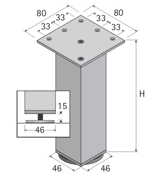Möbelfuß Lano SQ 46 aus Aluminium silber eloxiert 120mm