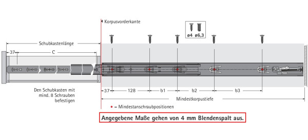 Kugelauszug KA 4532 P2O Vollauszug 550mm (Garnitur)
