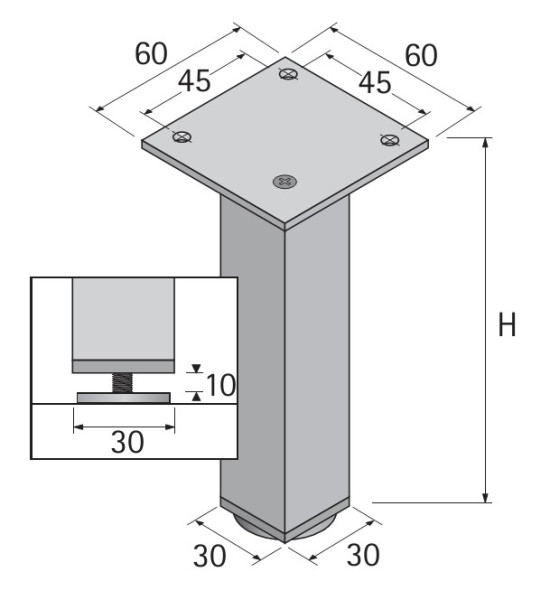 Möbelfuß Lano SQ 30 aus Aluminium silber eloxiert 150mm