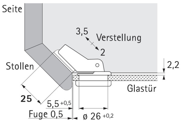 Topfscharnier Perfekt 5204 W45 für Glastüren Topf 26mm
