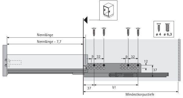 QuadroV6 Push to open für InnoTech Nennl. 520mm Korpusseite 19mm
