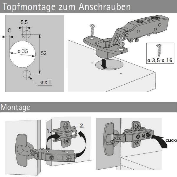 Topfscharnier sensys 165° ohne Schließautomatik (Außenseite)