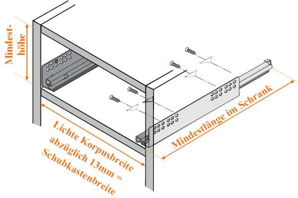 Holzschubkasten Nennlänge 600mm Breite 500 bis 600mm