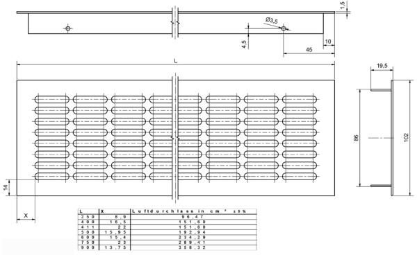 Lüftungsgitter, Länge 500mm, Lüftungsquerschitt 192cm²