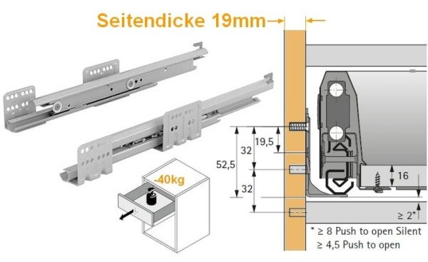 Actro mit Silent System für ArciTech Nennl. 550mm, Korpusseite 19mm, 40kg