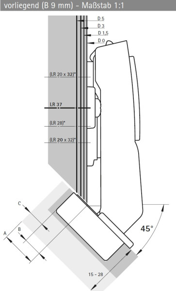 Topfscharnier sensys 8639i W45 für Eck- und Winkelschränke Basis 9mm