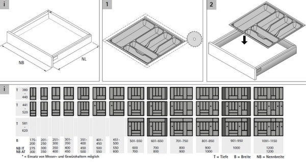 Besteckeinsatz OrgaTray 440 Breite: 251 bis 300mm Tiefe: 370 bis 440mm