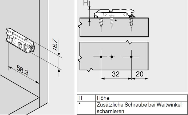 CLIP Anschraub-Montageplatte gerade 0mm für Senkholzschrauben