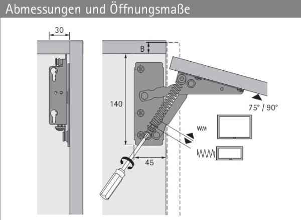 Klappenbeschlag Lift exact Öffnungswinkel 75°
