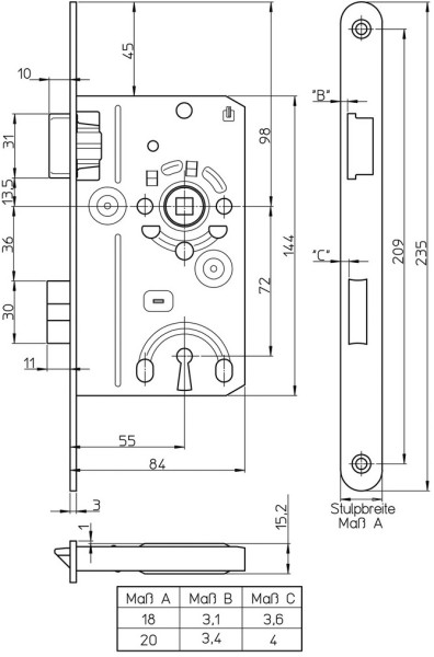 ZT-Einsteckschloss Typ 22, BB Dorn 55 mm, N=8 mm, DIN Ls Stulp 18 x 235 mm