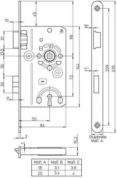 ZT-Einsteckschloss Typ 10, BB Dorn 55 mm, N=8 mm, DIN Rs Stulp 20 x 235 mm