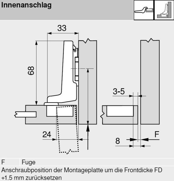 Innenliegendes Band BLUM CLIP top 71T0750 94° Topf 26mm (Einliegend)