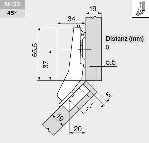 Topfscharnier BLUM CLIP top W45 halbaufschlagend