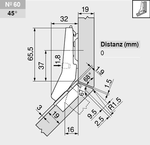 Topfscharnier BLUM CLIP top W45 halbaufschlagend