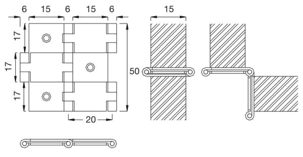 Paravantscharnier 50x21 mm für Holzstärke 15 mm