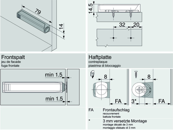 BLUM 956A1201 SEIW TIP-ON Adapterplatte für Türen, Langversion