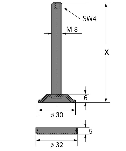 Sockelverstellschraube mit Gewinde M8 80mm ISK SW4