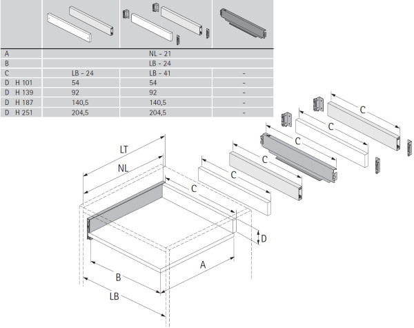AvanTech YOU Set Zarge, Höhe 139mm x NL 650mm, silber, links und rechts