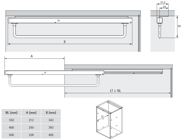 Kleiderbügelauszug mit Auszugsführung, 350 mm, Edelstahl Optik