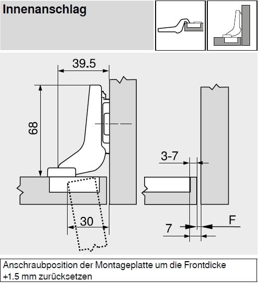 Topfscharnier CLIP top 110°, ohne Feder (Innenanschlag)